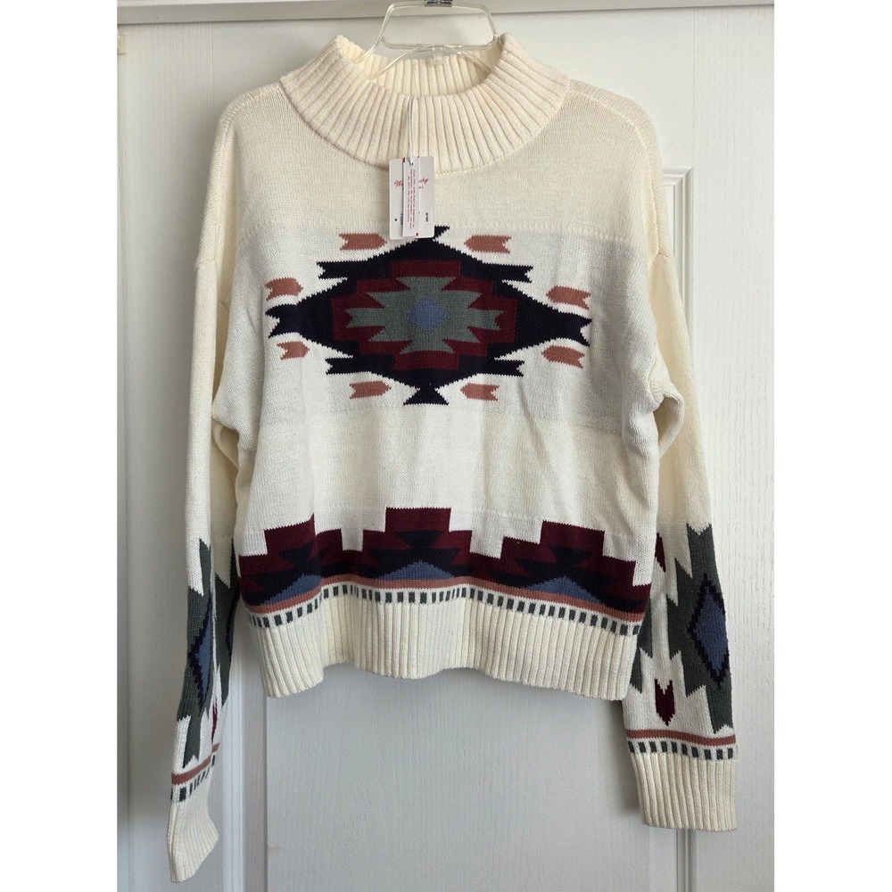 Lucky Brand Cream Aztek Pattern‎ Mock Neck Long Sleeve Crop Sweater Women Sz M